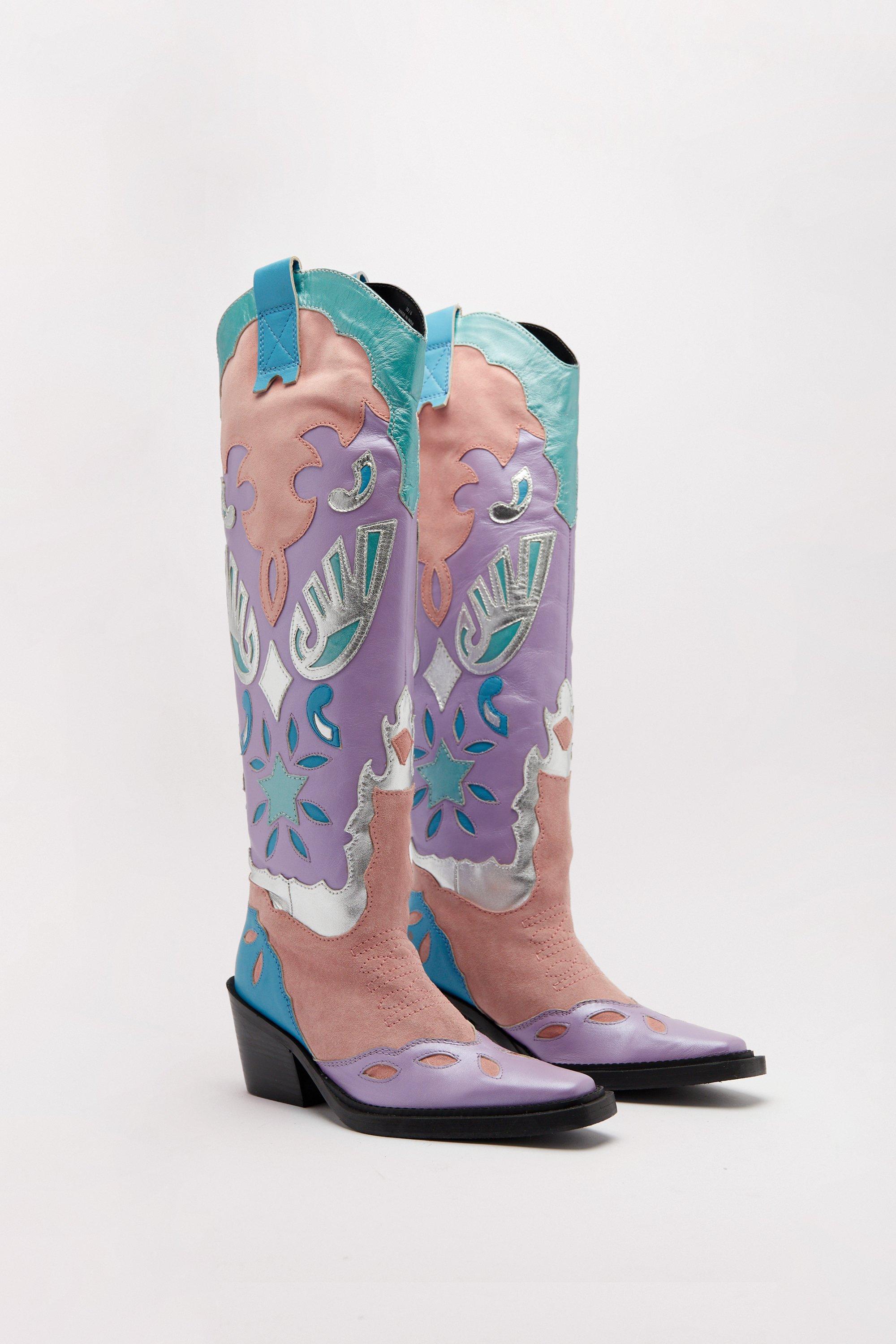 Leather And Suede Color Block Cowboy Boots